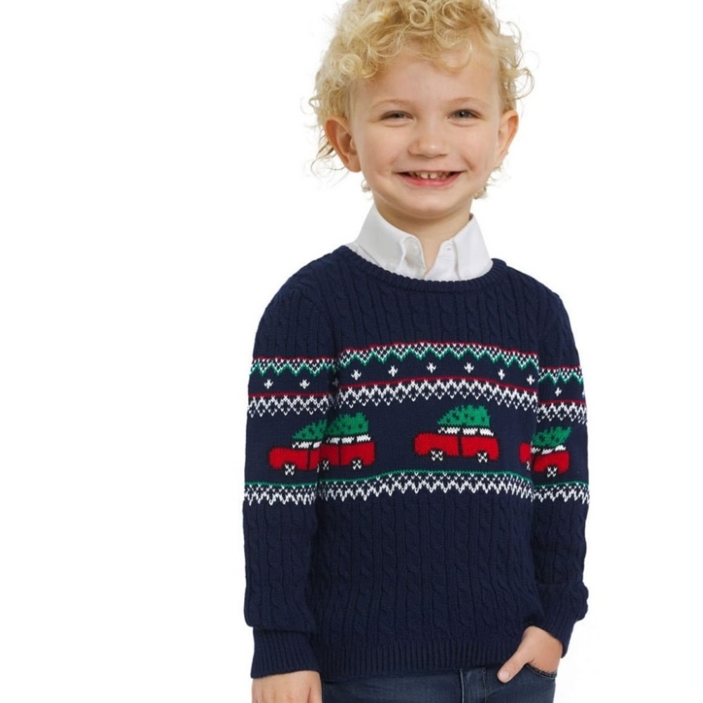 Lands' End Navy Sweater with Red and Green Accents